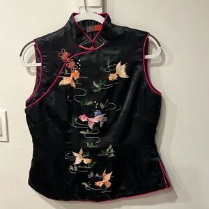 Oriental Tradition Gold Fish Embroidered Black Silk Vest Handmade For Women